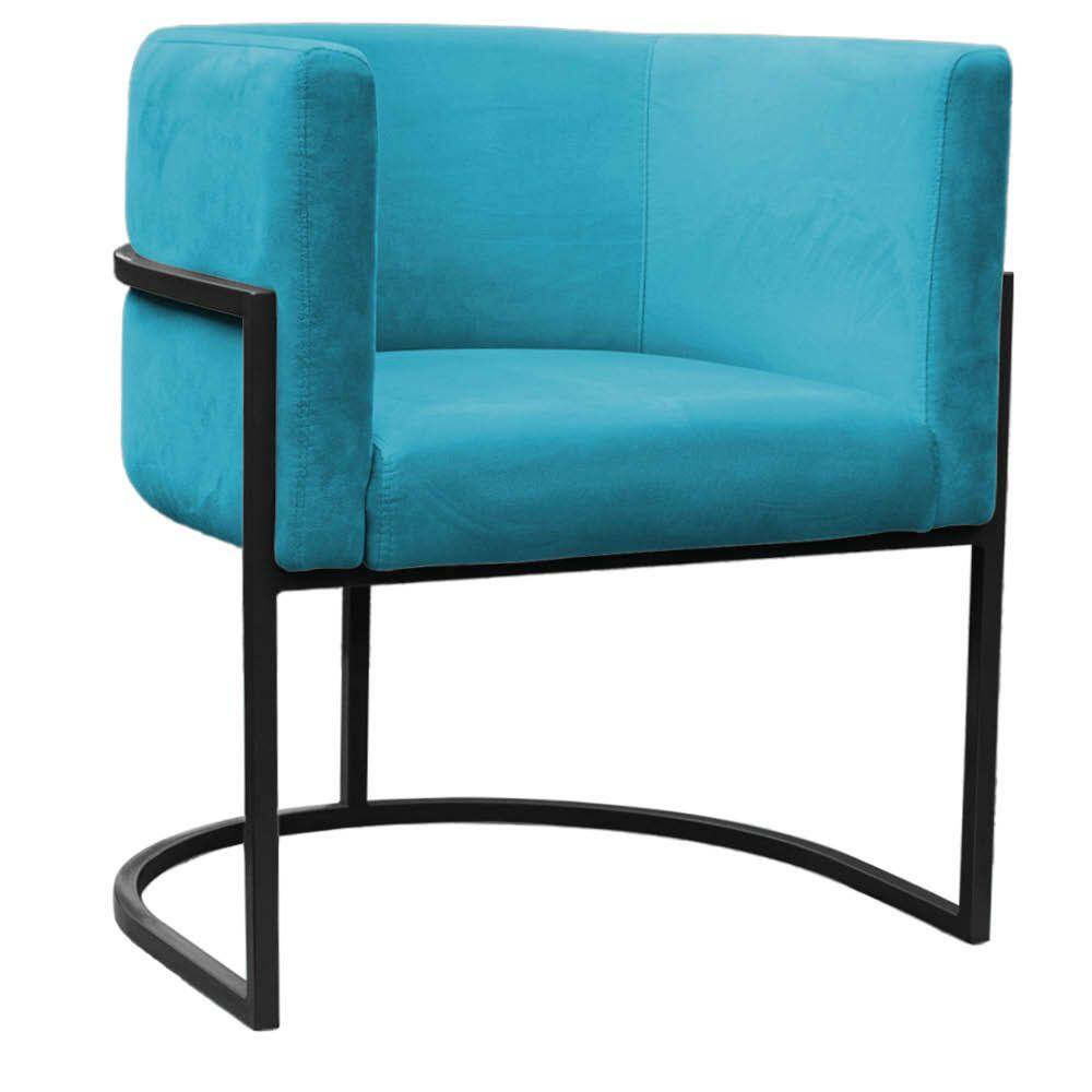 Poltrona Reforçada Decorativa Sala Carla Base Ferro Preta Suede Azul Tifany