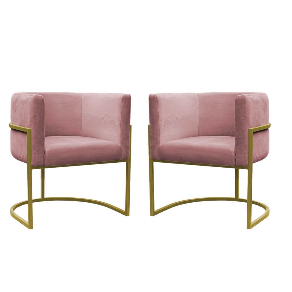 Kit 2 Poltronas Reforçadas Decorativa Sala Carla Base Ferro Dourada Suede Rose