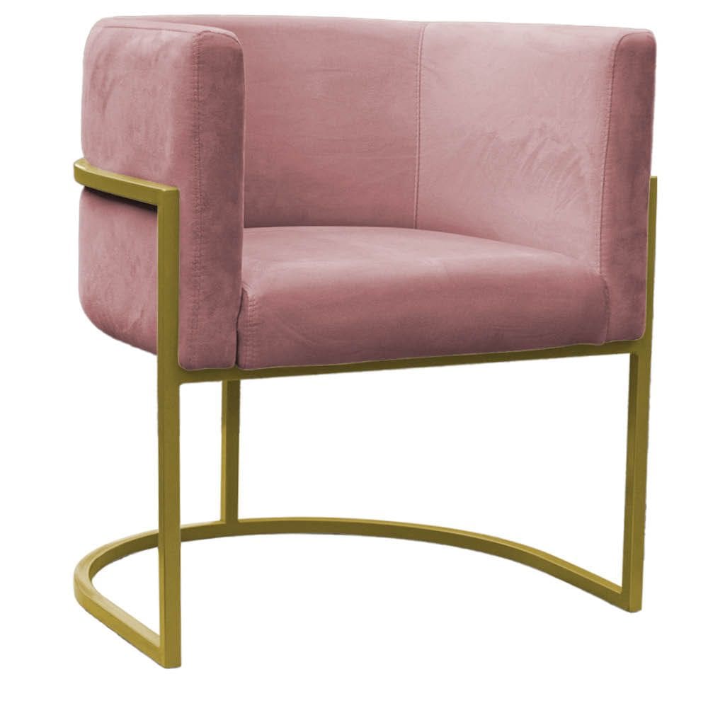 Poltrona Reforçada Decorativa Sala Carla Base Ferro Dourada Suede Rose