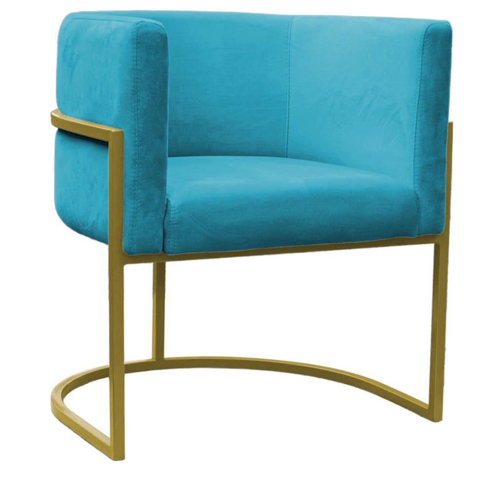 Poltrona Reforçada Decorativa Sala Carla Base Ferro Dourada Suede Azul Tifany