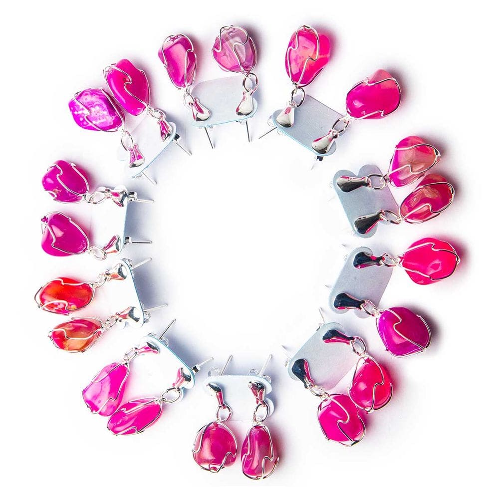 10 Brinco Cesta Amarrada Pedra Ágata Rosa Prateado