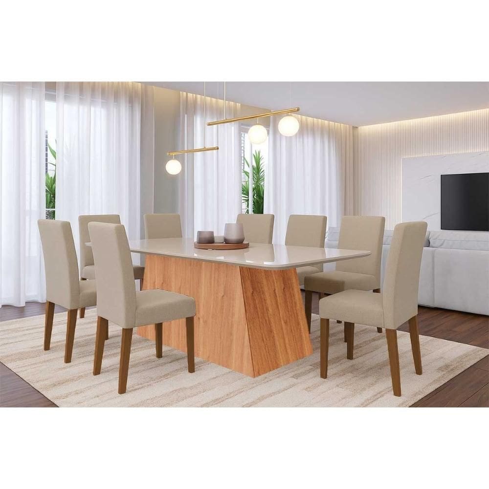Conjunto: Mesa Sala Jantar Helena Tampo Madeirado c/ Vidro 210x100cm e 8 Cadeiras Maia Cinamomo/Off White - Suede Gengibre Bege - Cimol