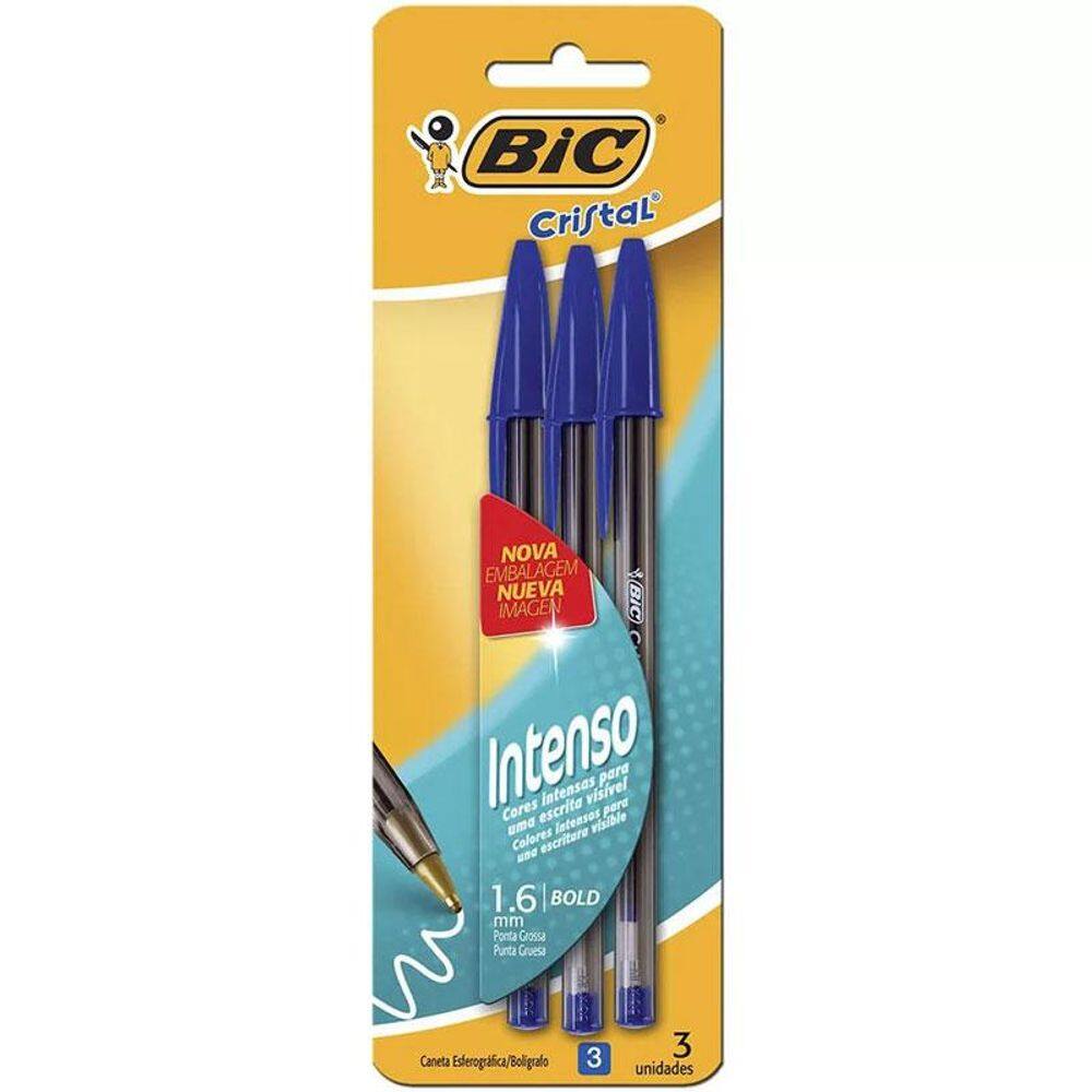 Caneta esfer 1.6 Cristal Bold azul c/ 3 unid Bic