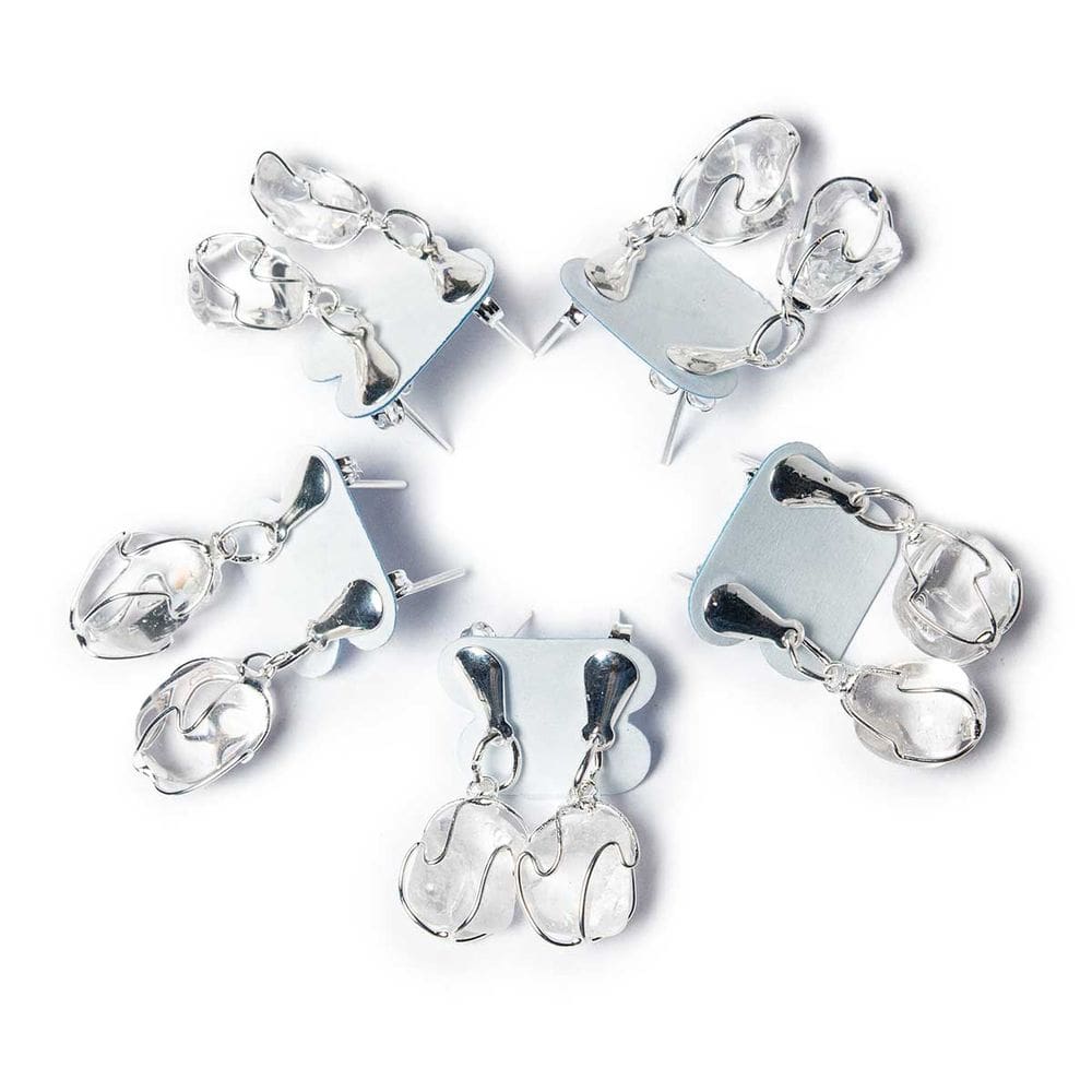 05 Brinco Cesta Amarrada Pedra Quartzo Cristal Prateado