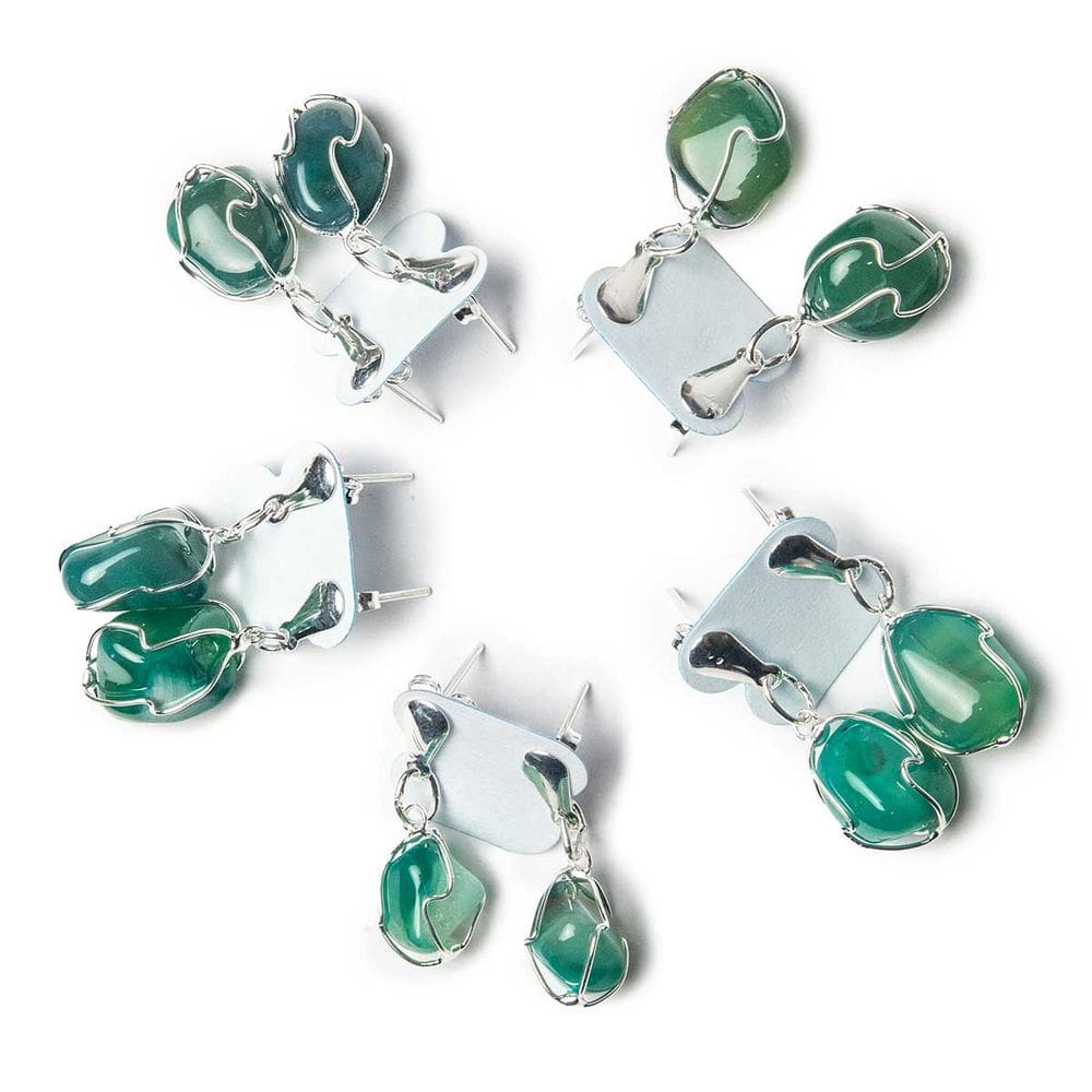 05 Brinco Cesta Amarrada Pedra Ágata Verde Prateado