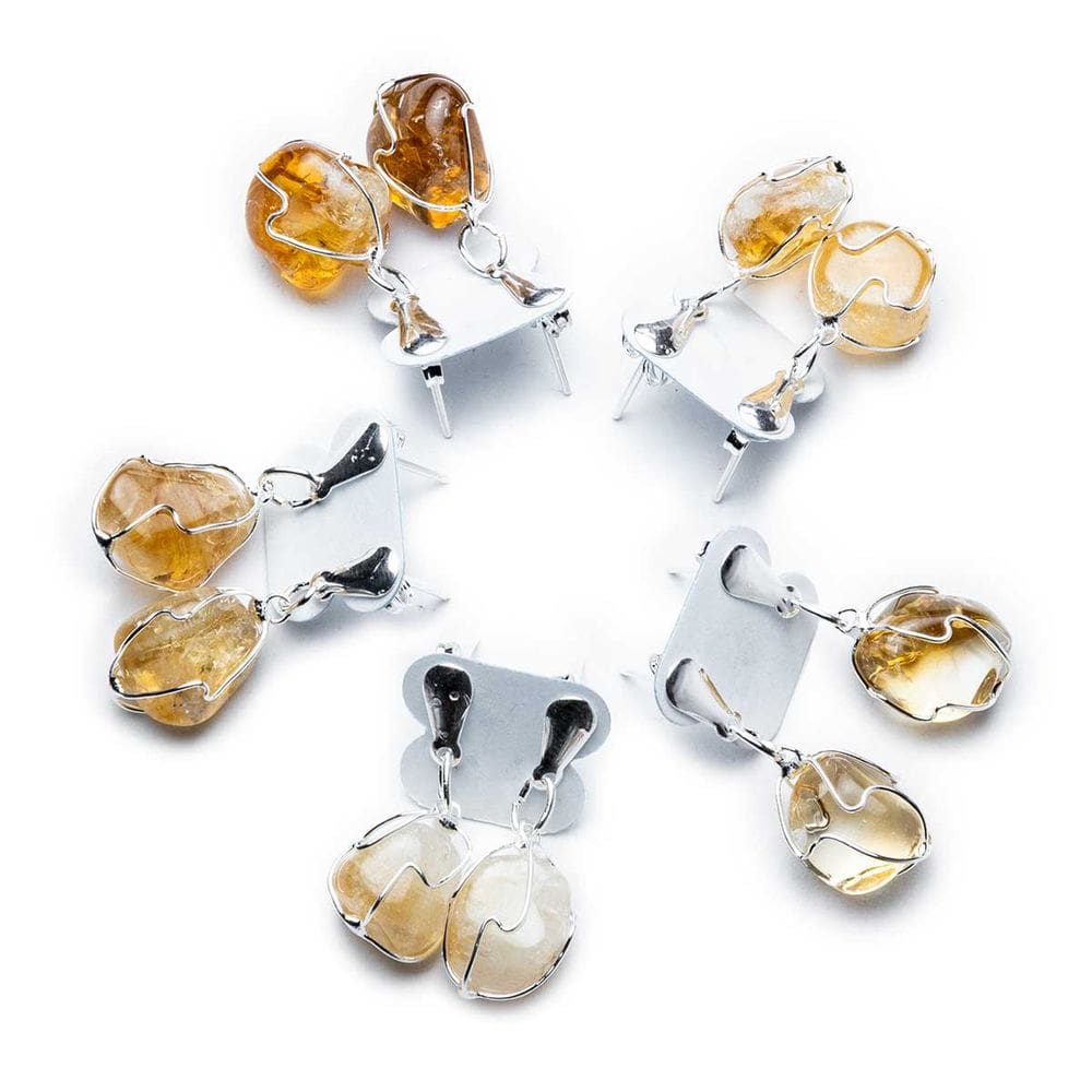 05 Brinco Cesta Amarrada Pedra Citrino Amarelo Prateado