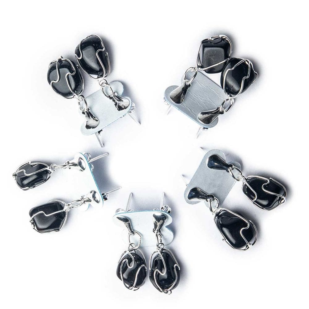 05 Brinco Cesta Amarrada Pedra Obsidiana Negra Prateado