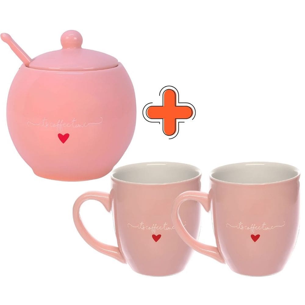 Kit L`amour Açucareiro com Colher 350ml e 2 Canecas 300ml em Porcelana Rosa
