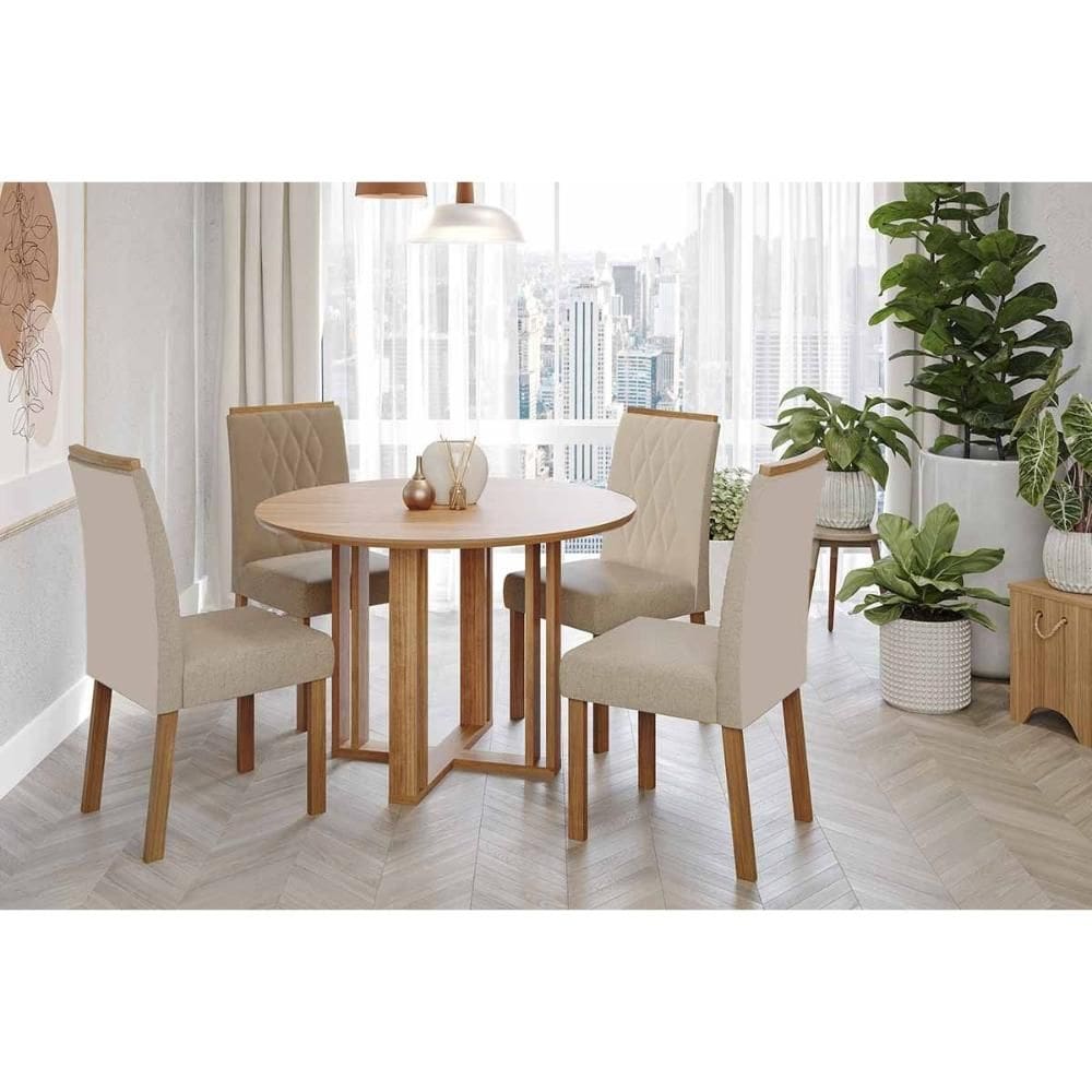 Conjunto: Mesa Sala Jantar Flora Tampo Madeirado 109cm e 4 Cadeiras Juliana Cinamomo - Carvalho/Linho Bege - Cimol