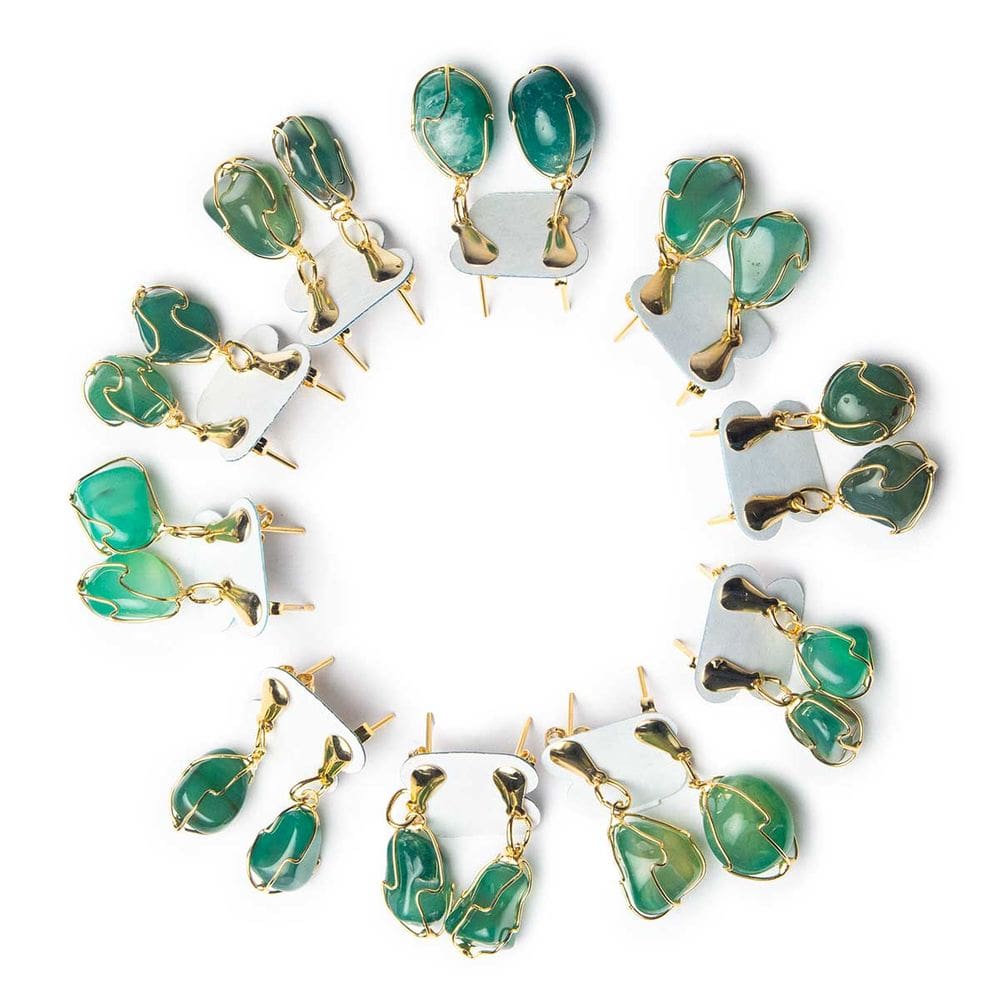 10 Brinco Cesta Amarrada Pedra Ágata Verde Dourado