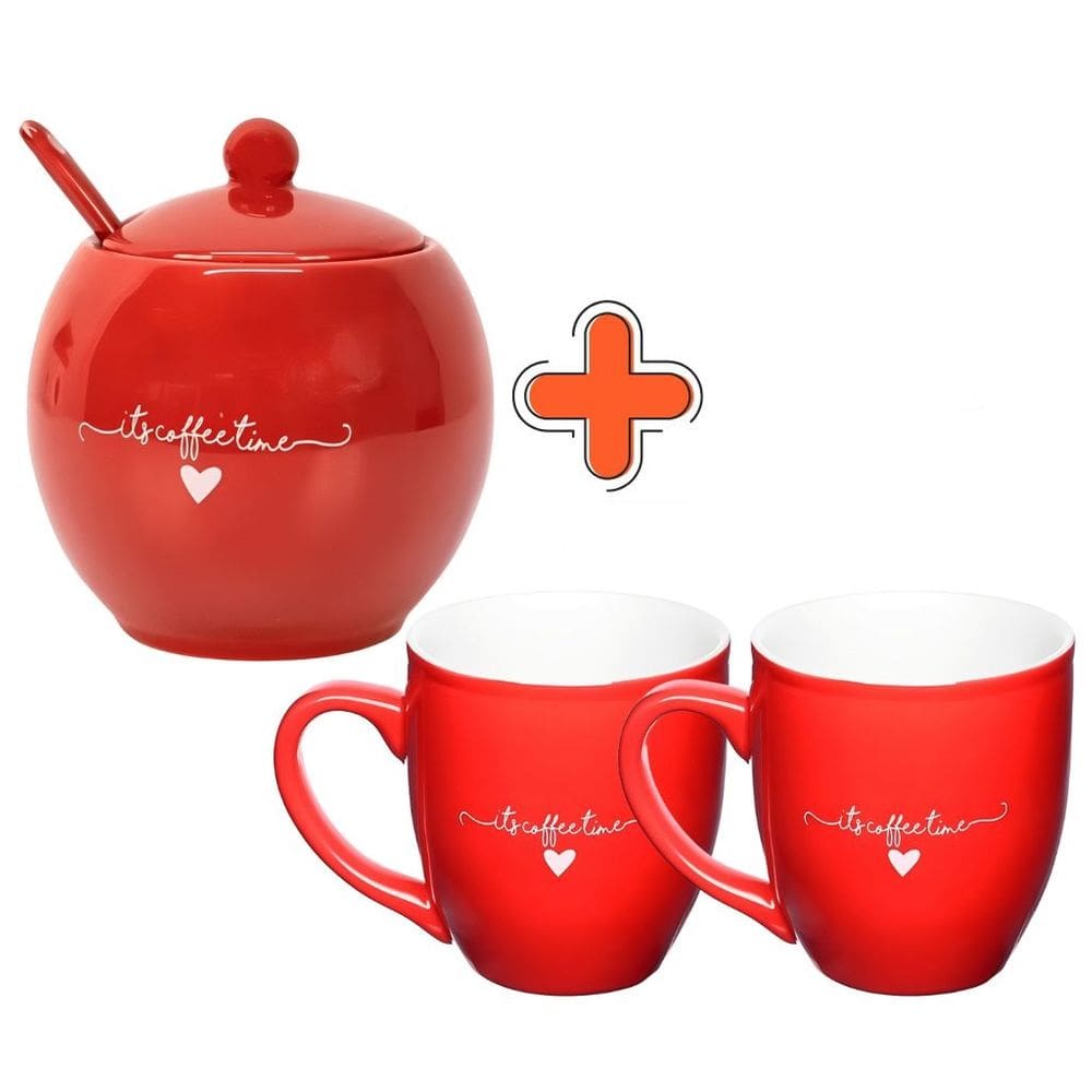Kit L`amour Açucareiro com Colher 350ml e 2 Canecas 300ml em Porcelana Vermelha