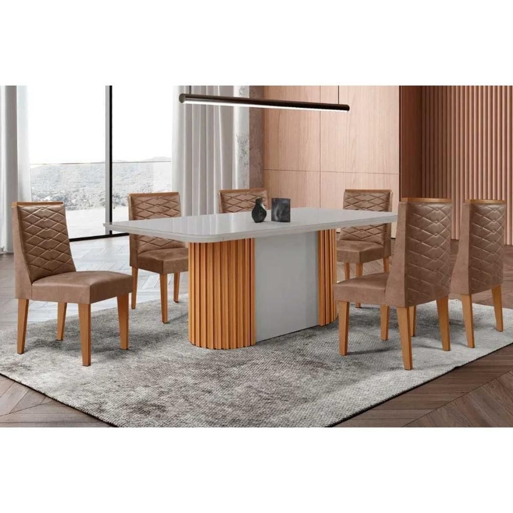 Conjunto: Mesa de Cozinha Pilar c/ Tampo Madeirado c/ Vidro Canto Curvo 180x90cm e 6 Cadeiras Dafne Naturale/Off White - Corano Capuccino - Rufato