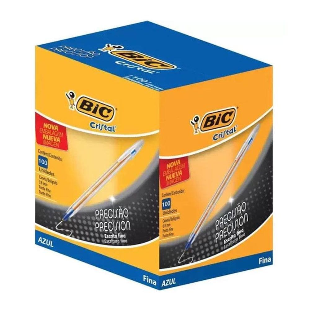 Caneta esfer Cristal fina azul cx c/ 100 unid Bic