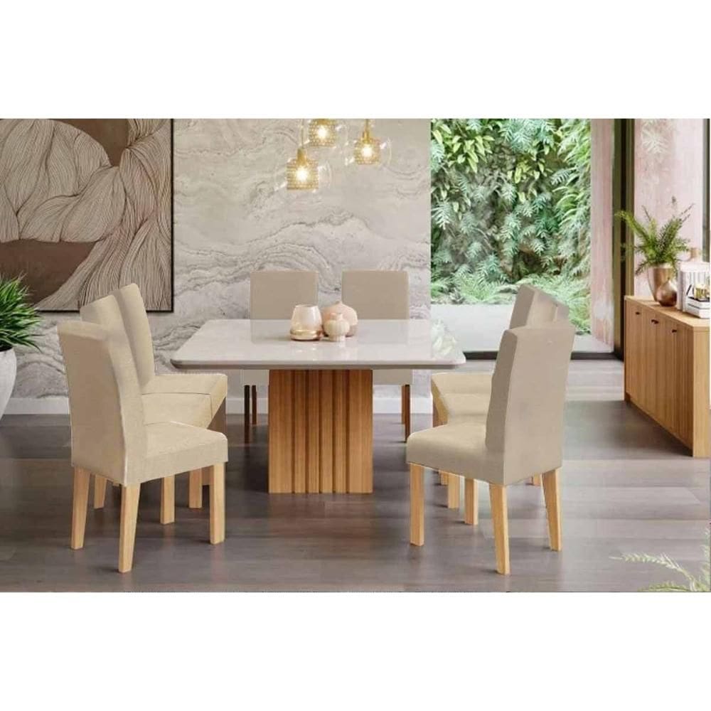 Conjunto: Mesa Sala Jantar Ana Tampo Madeirado c/ Vidro 130x130cm e 8 Cadeiras Maia Cinamomo/Off White - Nature/Suede Gengibre Bege - Cimol