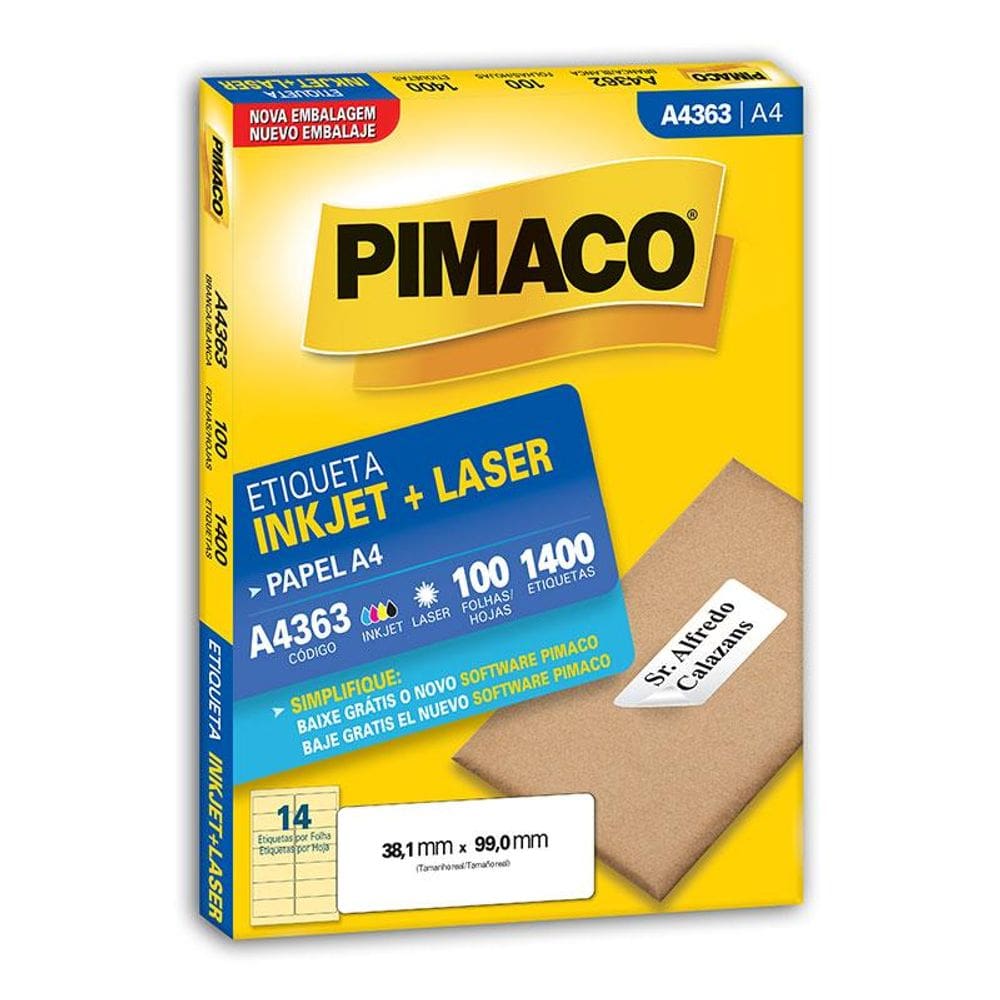 Etiqueta inkjet/laser A4363 com 100 folhas Pimaco
