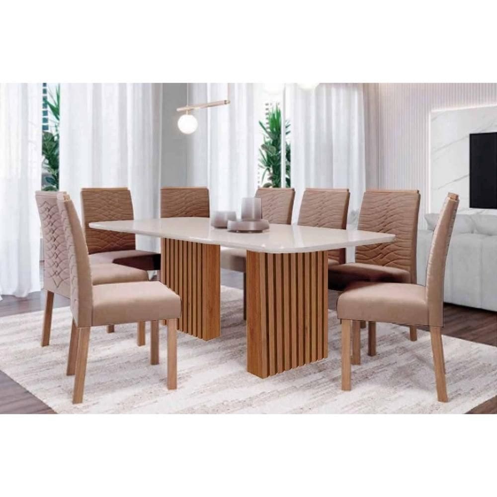Conjunto: Mesa Sala Jantar Ester Tampo Madeirado c/ Vidro 210x100cm e 8 Cadeiras Clarice Cinamomo/Off White - Carvalho/Suede Joli Capuccino - Cimol