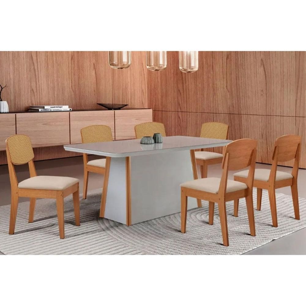 Conjunto: Mesa de Cozinha Tilia c/ Tampo Madeirado c/ Vidro Canto Curvo 180x90cm e 6 Cadeiras Havana Premium Naturale/Off White - Suede Creme - Rufato