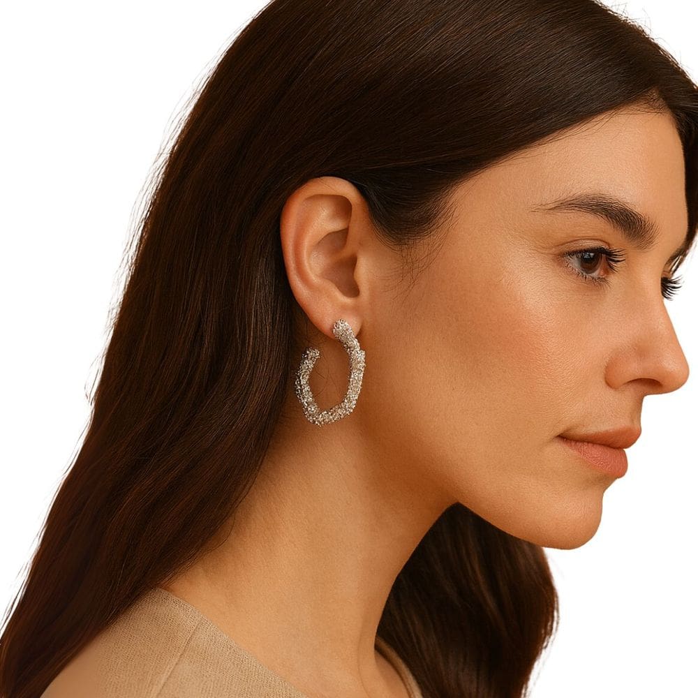 Brinco Argola Hexagonal Prateada com Strass Luxo Festa