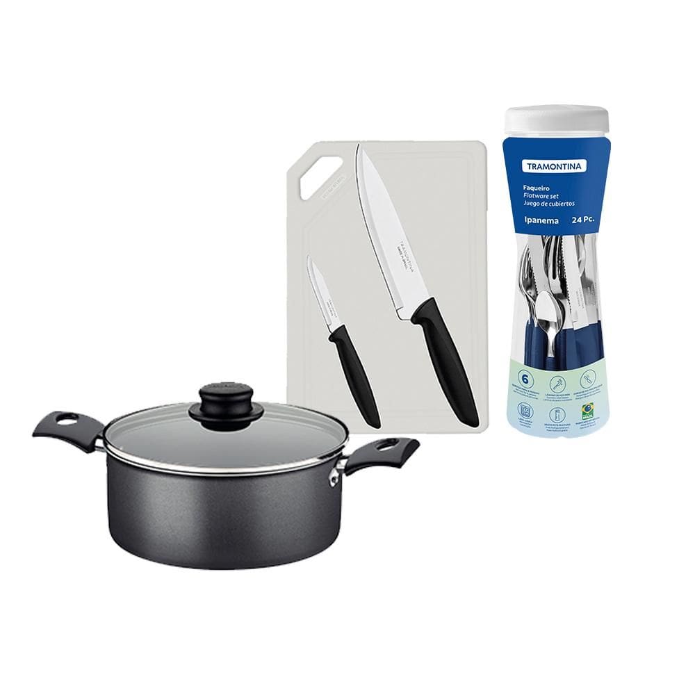 Caçarola Turim Alumínio grafite Antiaderente 2,0l + Faqueiro Ipanema 24pc + Tábua e Facas - Tramontina