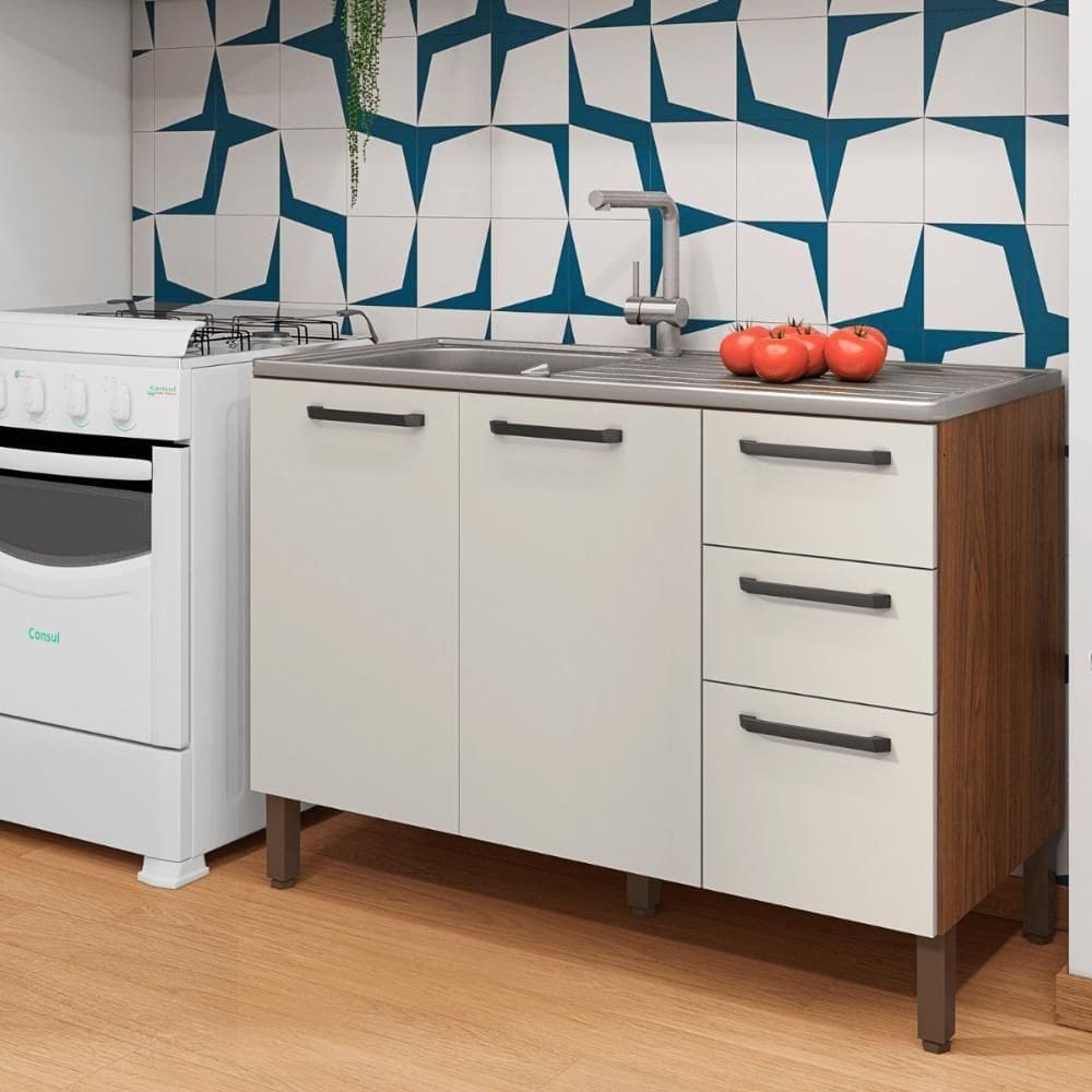 Balcao 3 Portas C/ 2 Gaveteiro 1,20 Mad Versalhes C/ Tampo Nogueira Off White