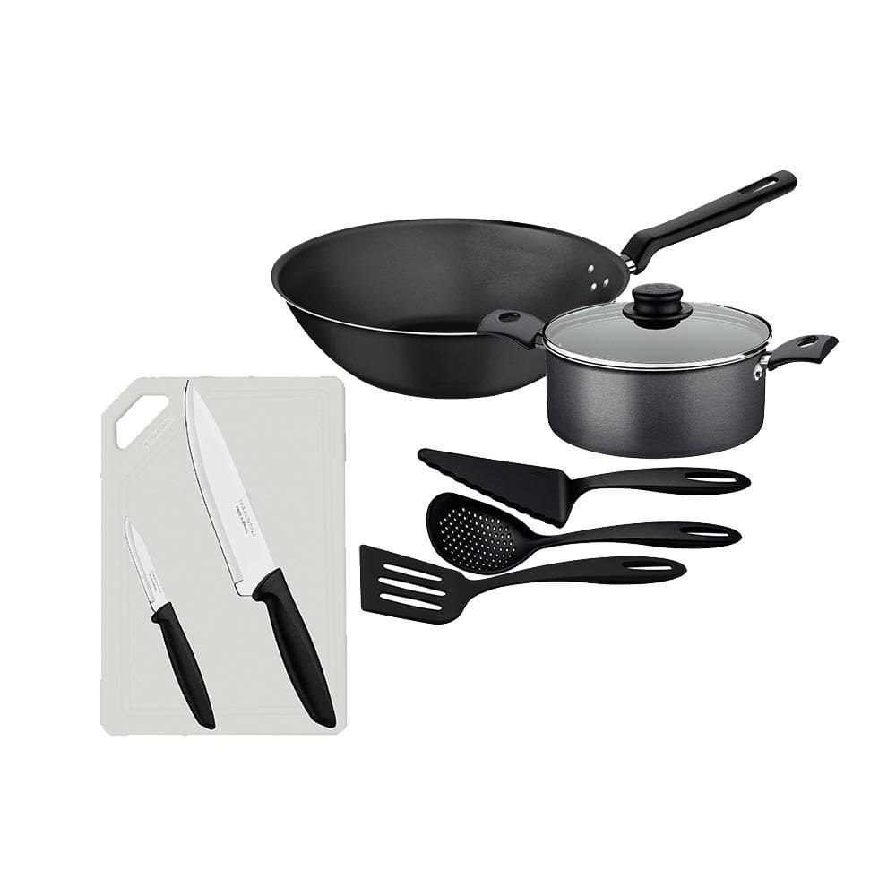 Caçarola Turim Alumínio grafite Antiaderente 2,0l + Wok Loreto 3,6l + Utensílios Ability + Tábua e Facas