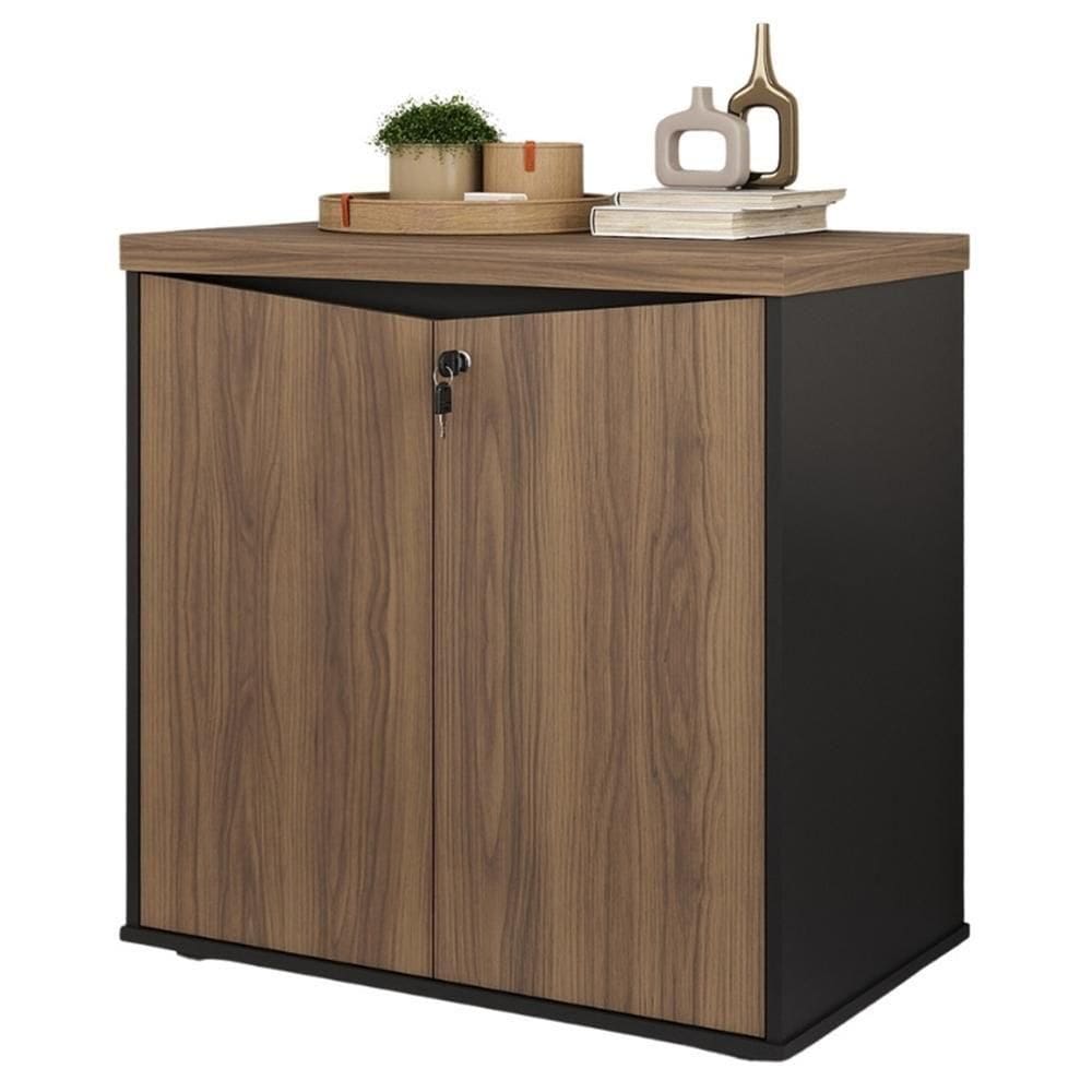 Balcão Para Escritório Com Chave Multiuso 2 Portas Unik A02 Nogal Preto - Lyam Decor