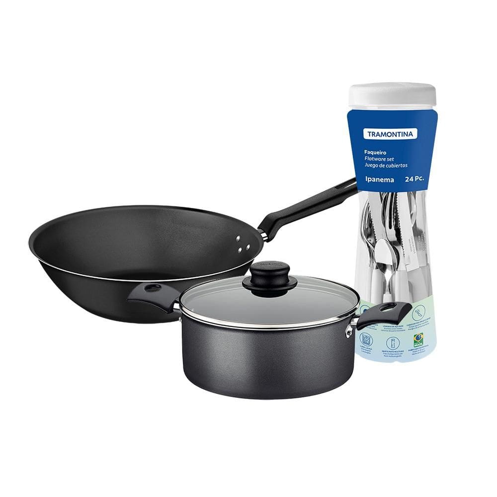 Caçarola Turim Alumínio grafite Antiaderente 2,8L + Faqueiro Ipanema Branco 24pc + Wok Loreto 3,6L