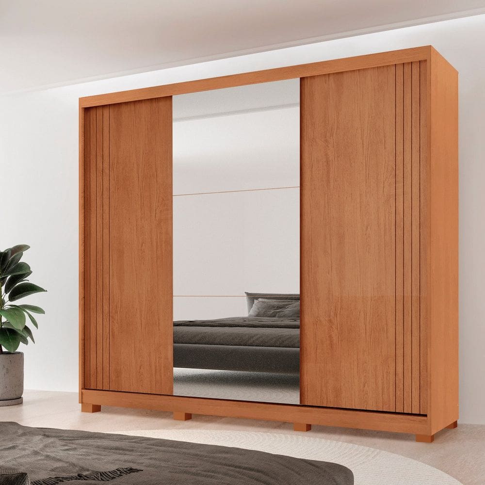 Guarda-roupa Casal 100% Mdf 3 Portas de Correr com Pés e Espelho Chile Naturalle