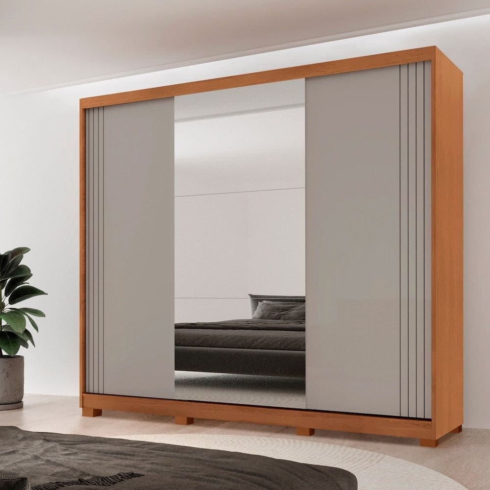 Guarda-roupa Casal 100% Mdf 3 Portas de Correr 2 Gavetas com Pés e Espelho Chile NATURALLE / OFF WHITE