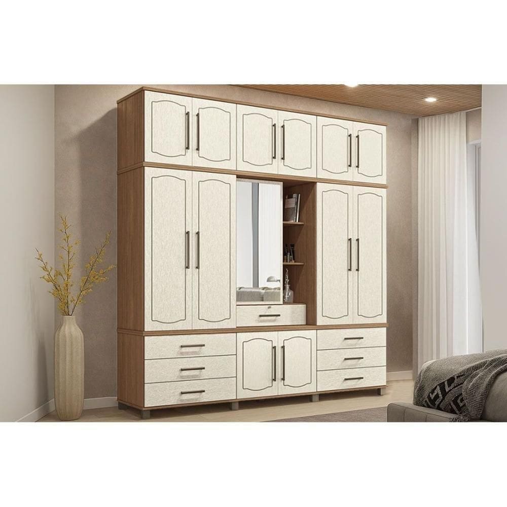 Guarda Roupa Casal 13 Portas E 7 Gavetas C/ 1 Espelho Londres Capelinha Jatoba/areia - Santos Andirá