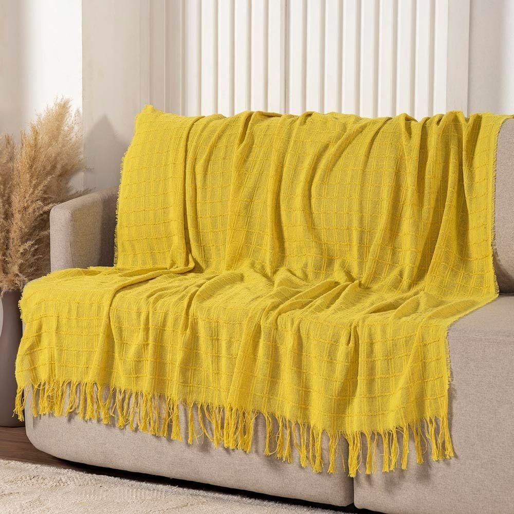 Manta Xale Rubi 2,40m X 1,70m Com Franja Para Sofá Cama 100% Algodão 01 Peça - Amarelo
