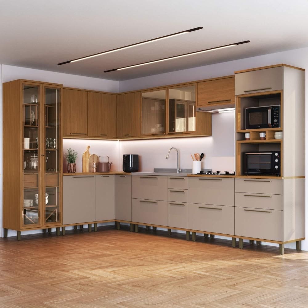 Cozinha Modulada Completa Fidelitá Barcelona 10 Peças 564cm 18 Portas 5 Gavetas Sem Tampo Freijó/Camurça