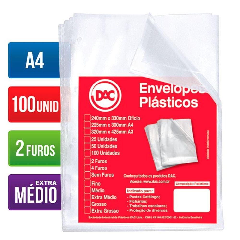 Envelope plástico A4 0.12 2 furos 5179A4 Pct 100 unid Dac