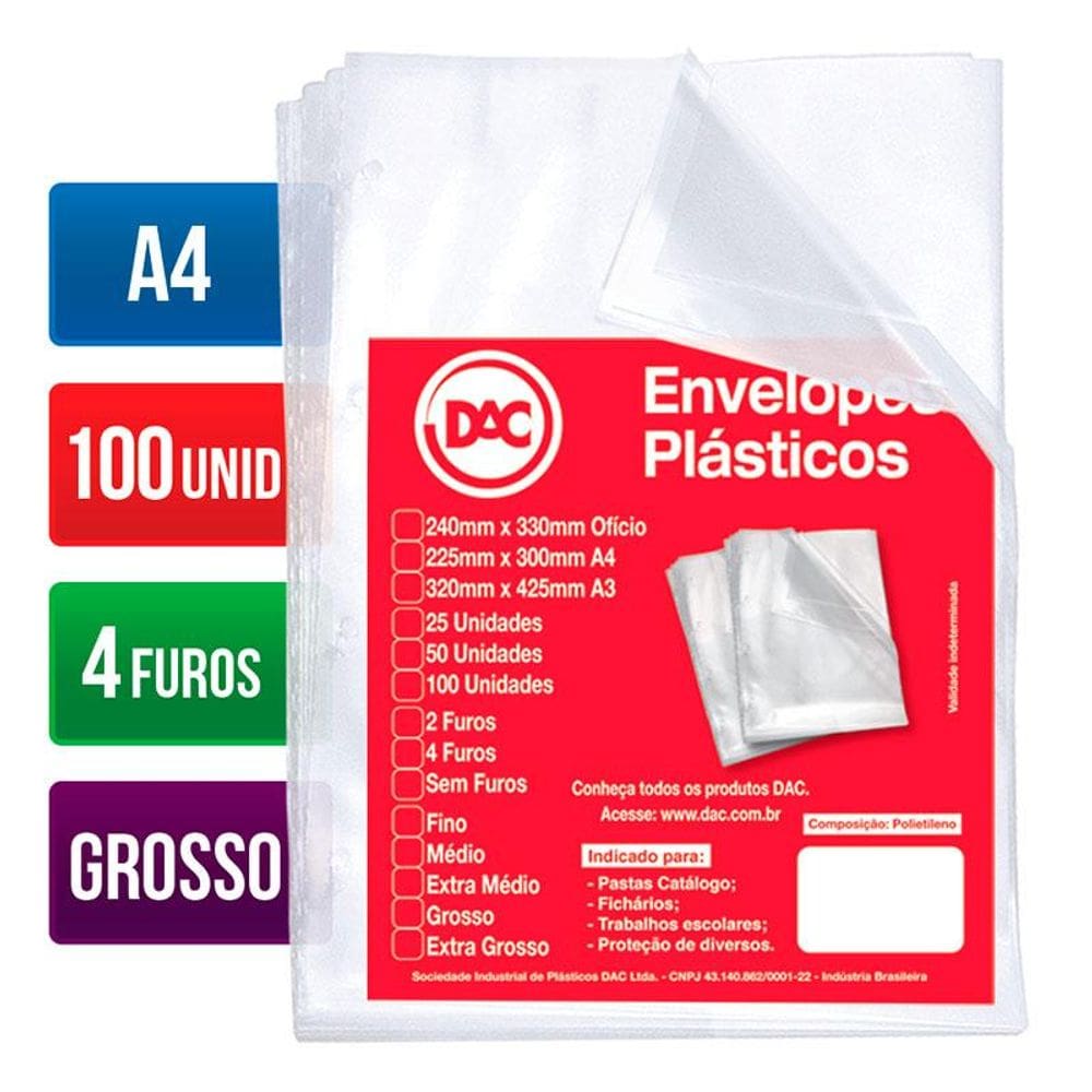Envelope plástico A4 0.15 4 furos 5076A4 Pct 100 unid Dac