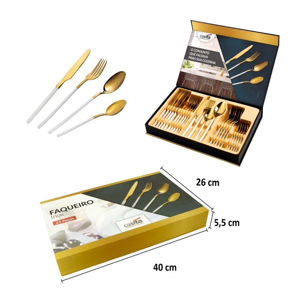Faqueiro Talher Dourado Cabo Branco Luxo com Maleta Litografada Presente Casamento