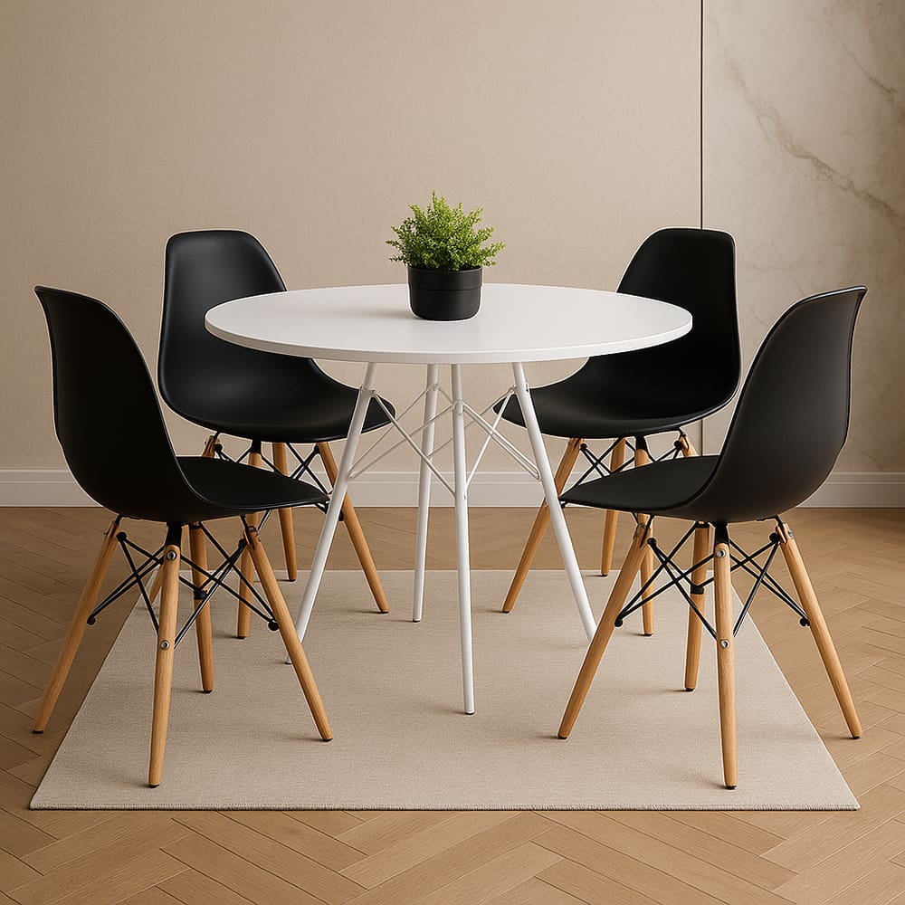 Conjunto Mesa de Jantar Redonda Branca 90cm + 4 Cadeiras Pretas Eames Pés Madeira – Design Moderno e Sofisticado