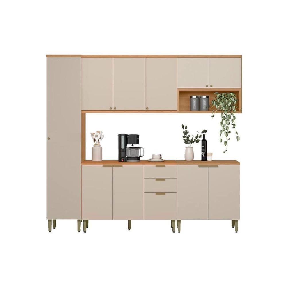 Cozinha Modulada Completa Selene 5 Peças (2Balcões+2Aéreos+1Paneleiro) CP24 Jequitiba/Off White Fosco - Linea Brasil