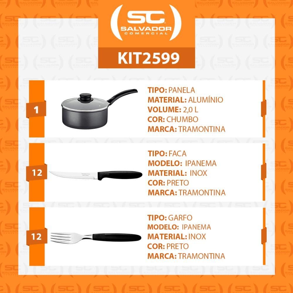 Panela Turim Alumínio grafite Antiaderente 1,4l + Cojunto de Garfo e Faca Ipanema 24pc - Tramontina