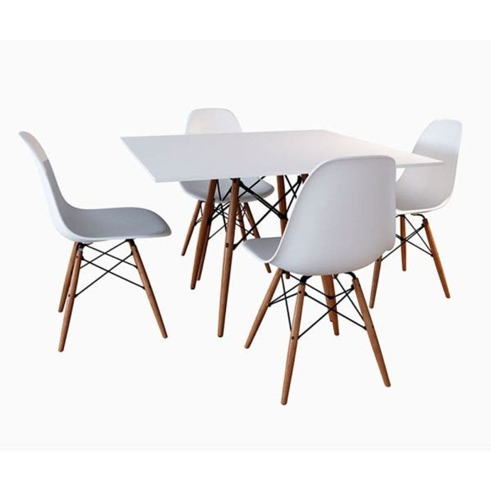 Conjunto de Mesa de Jantar Eames Eiffel Quadrada 90x90cm Tampo de Madeira Branco com 4 Cadeiras Brancas