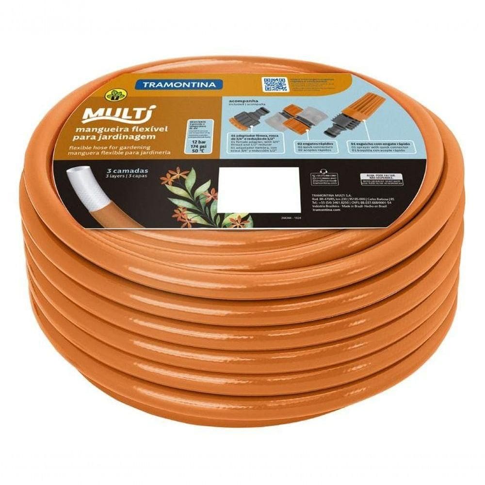 Mangueira Multi 1-2” Tramontina Em Pvc Laranja 3 Camadas 15m Com Engates Rápidos E Esguicho