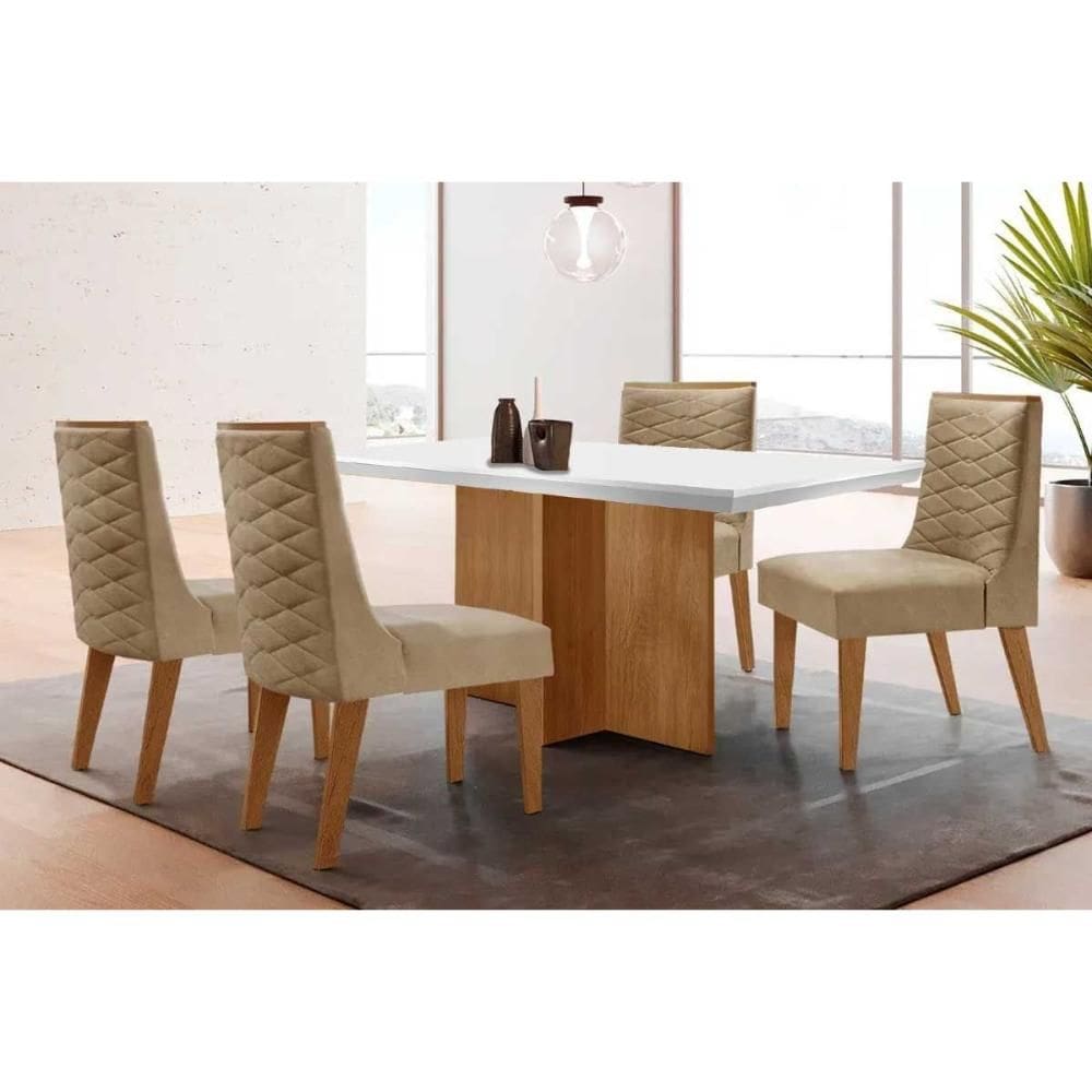 Sala de Jantar Completa Berlim c/ Tampo Madeirado c/ Vidro Canto Curvo 120x80cm e 4 Cadeiras Dafne Naturale/Off White - Linho Bege - Rufato