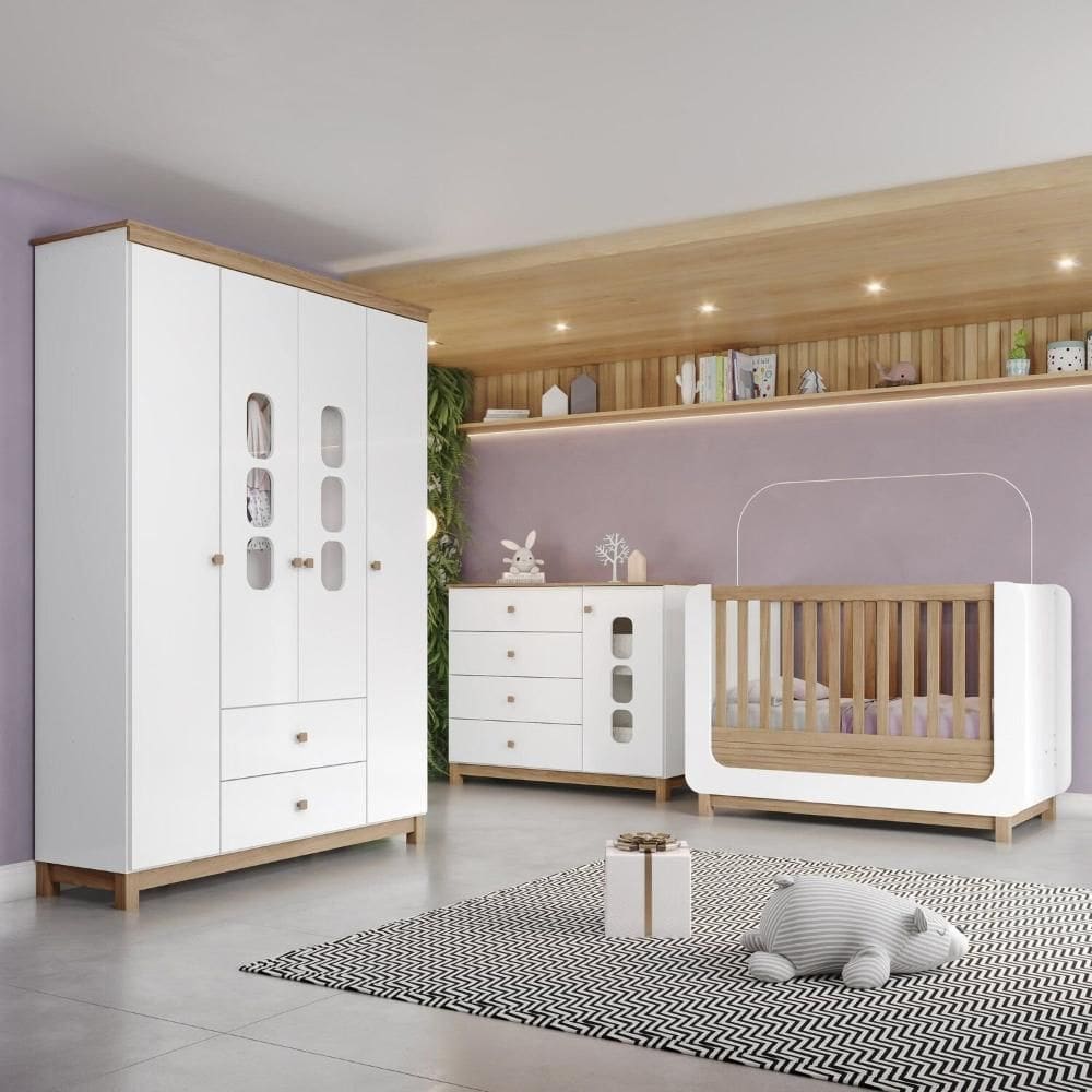Quarto de Bebê Roupeiro Cômoda e Berço Aconchego Branco