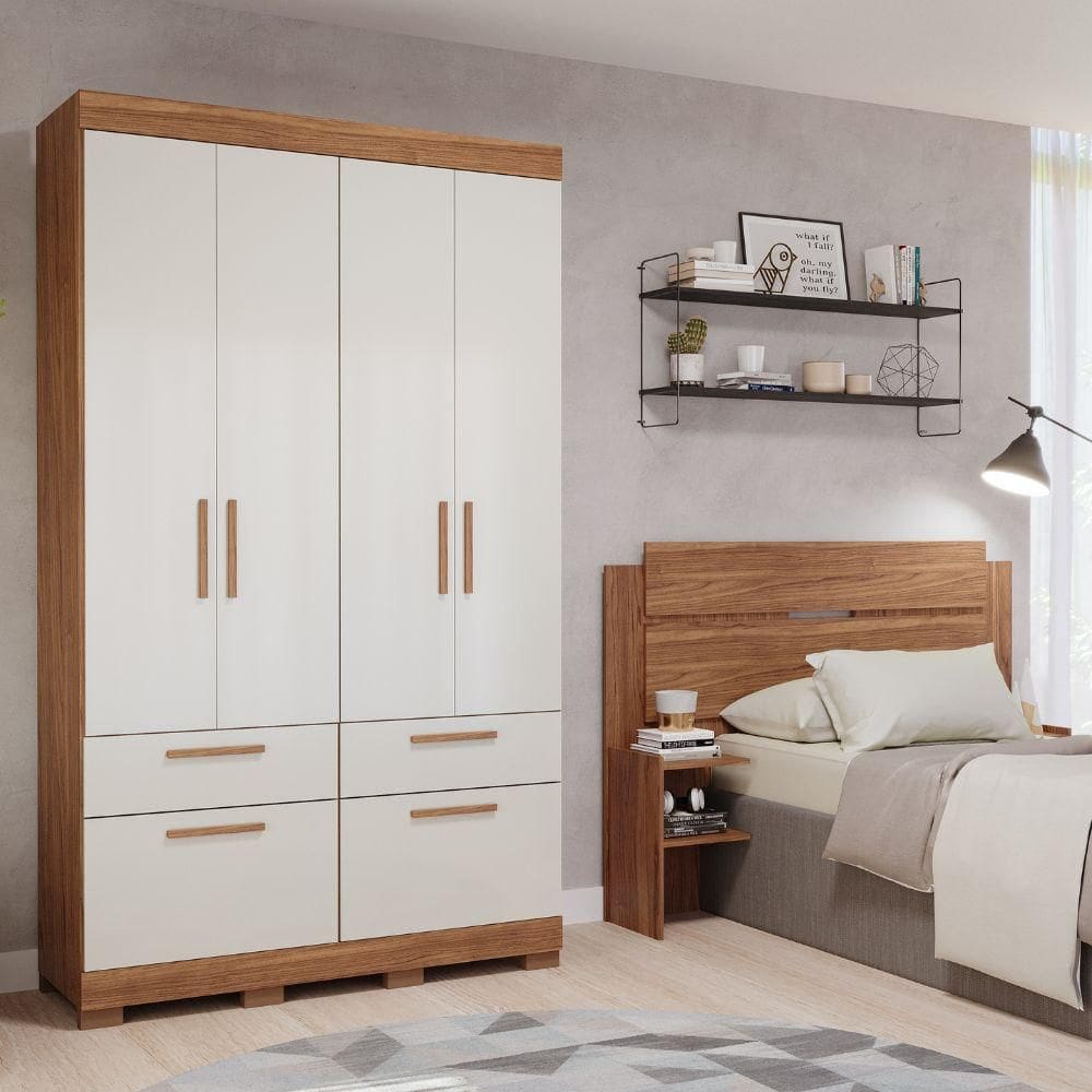 Guarda-Roupa Solteiro 4 Portas 4 Gavetas Cinamomo/Off White Porto Panan Móveis