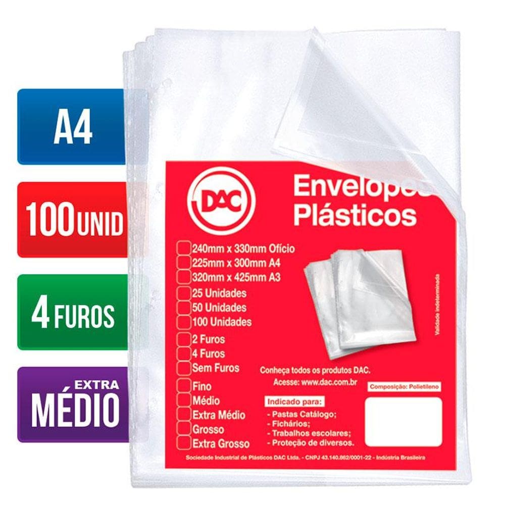 Envelope plástico A4 0.12 4 furos 5178A4 Pct 100 unid Dac