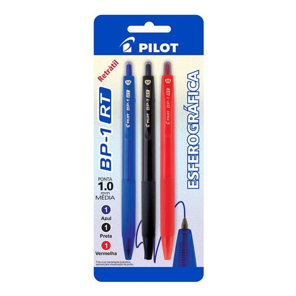 Caneta esfer 1.0 Retrátil BP1RT c/ 3 unid AZ/PT/VM Pilot