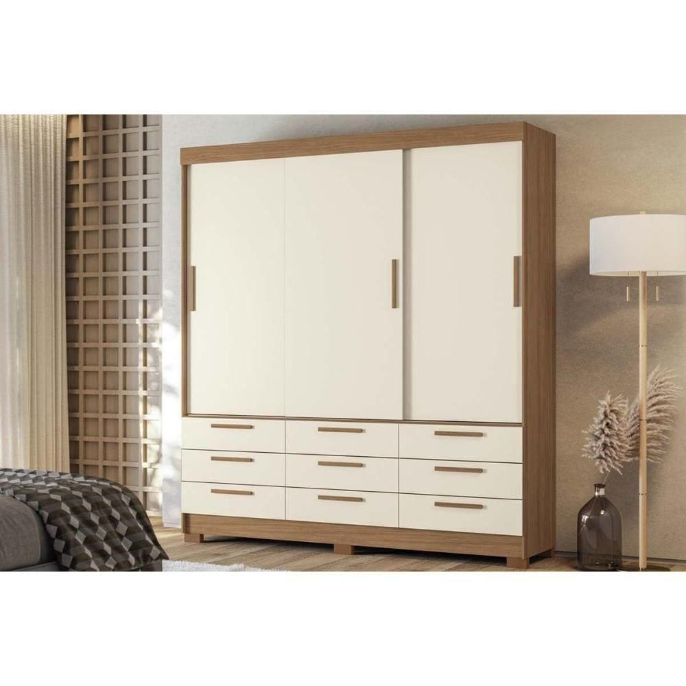 Guarda Roupa Casal 3 Portas De Correr E 9 Gavetas C/ Pés Morretes 3.9 Jatoba/areia - Santos Andirá