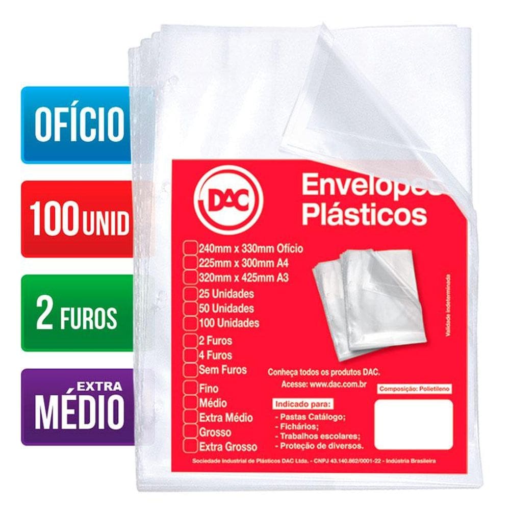 Envelope plástico ofício 0.12 2 furos 5179 Pct 100 unid Dac