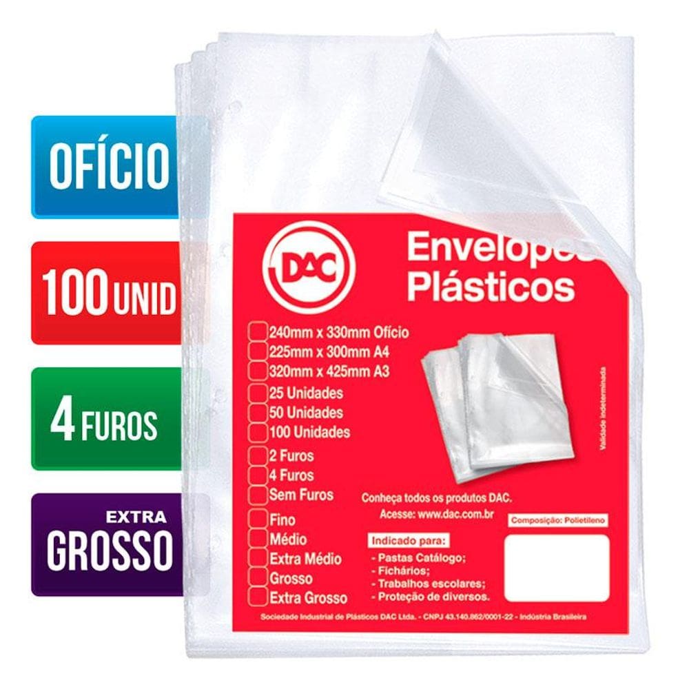 Envelope plástico ofício 0.20 4 furos 5088 Pct 100 unid Dac