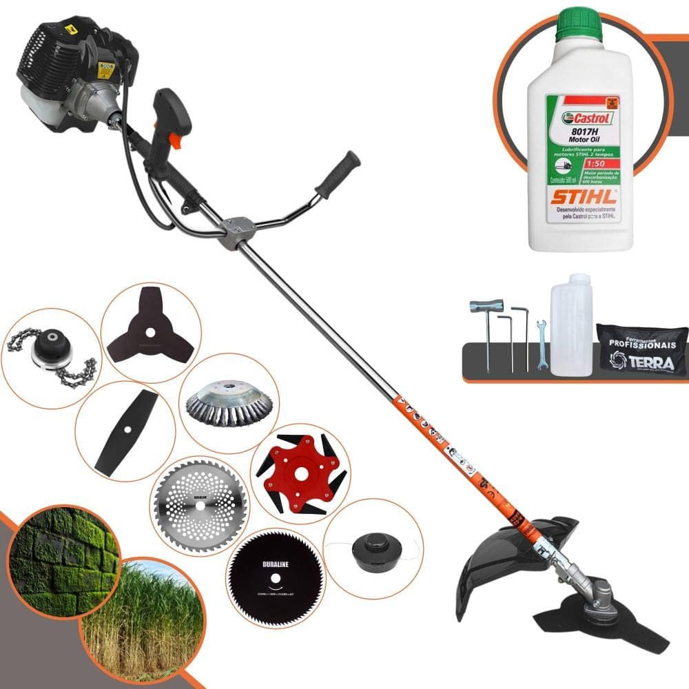 Roçadeira Robusta Terra GRH-430 À Gasolina 43cc 1,7HP Para Todos os Tipos de Trabalho Com Carretel de Nylon + Kit de 7 Opções de Cortes + ÓLEO STIHL