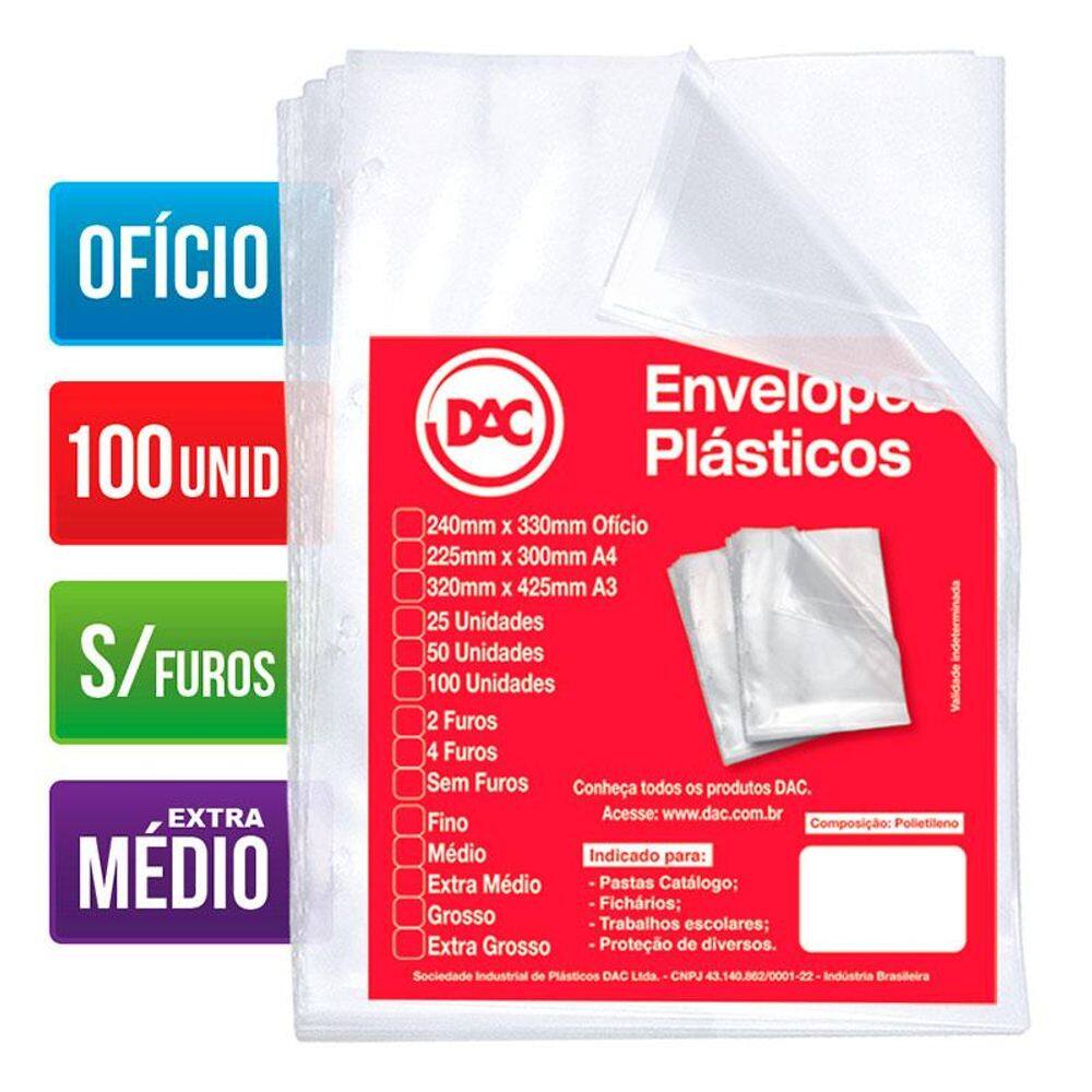 Envelope plástico ofício 0.12 s/furos 5177 Pct 100 unid Dac